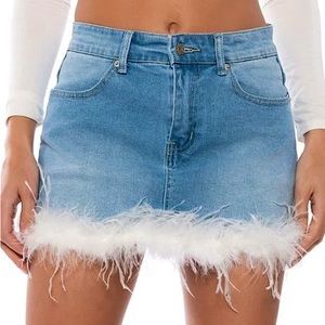 AKIRA Sweetheart Feather Detail Denim Mini Skirt In Medium Blue | Women’s S